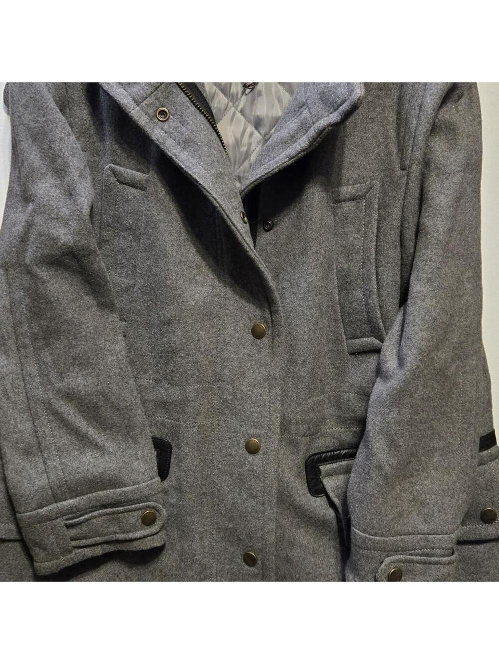 COACH Grey Wool Blend Hooded Parka Leather Trim Sherpa EUC Size L